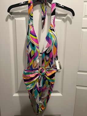 Trina Turk Multicolor Abstract Print Halter One-Piece Swimsuit